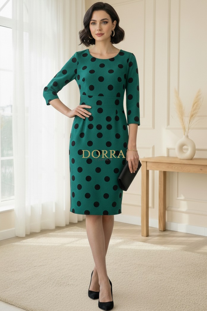 Rochie de zi Abril din jerse verde cu buline negre - spate