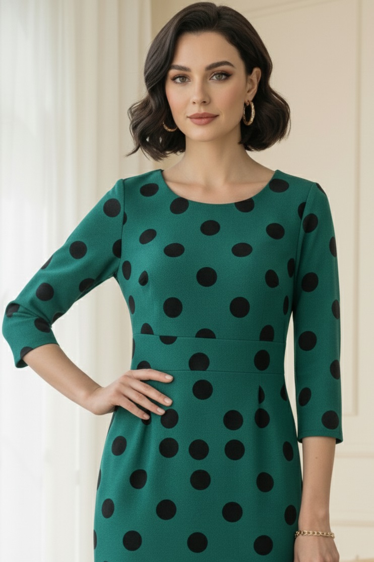 Rochie de zi Abril din jerse verde cu buline negre