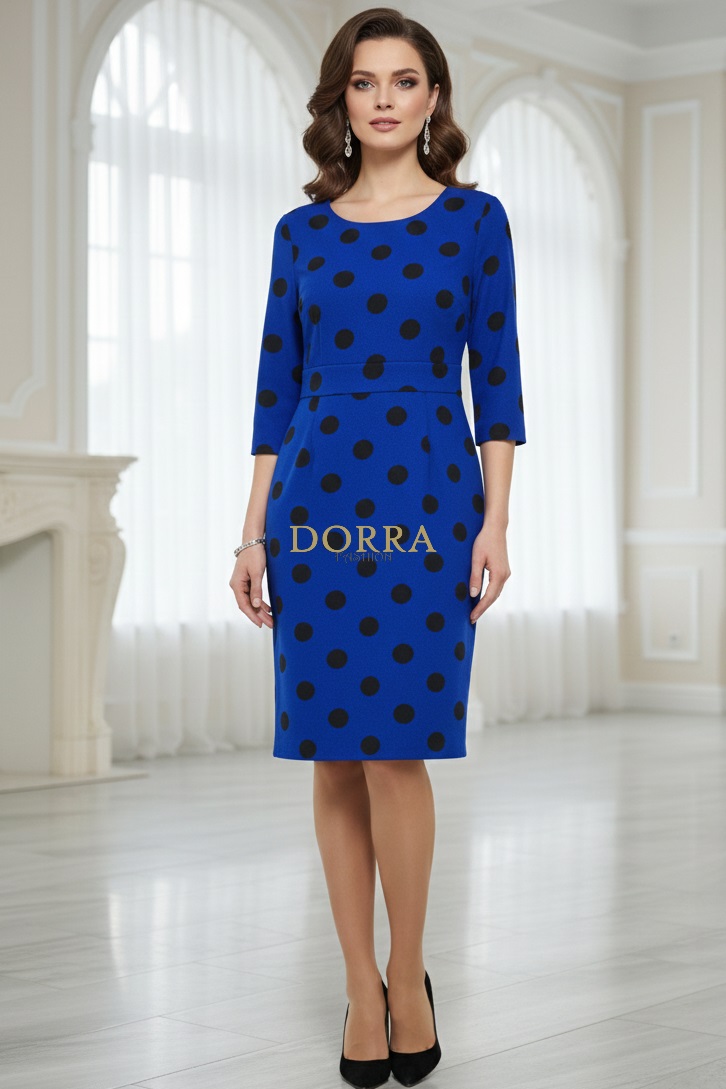 Rochie de zi Abril din jerse albastru cu buline negre - poză frontală