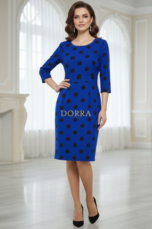 Rochie de zi Abril din jerse albastru cu buline negre - spate