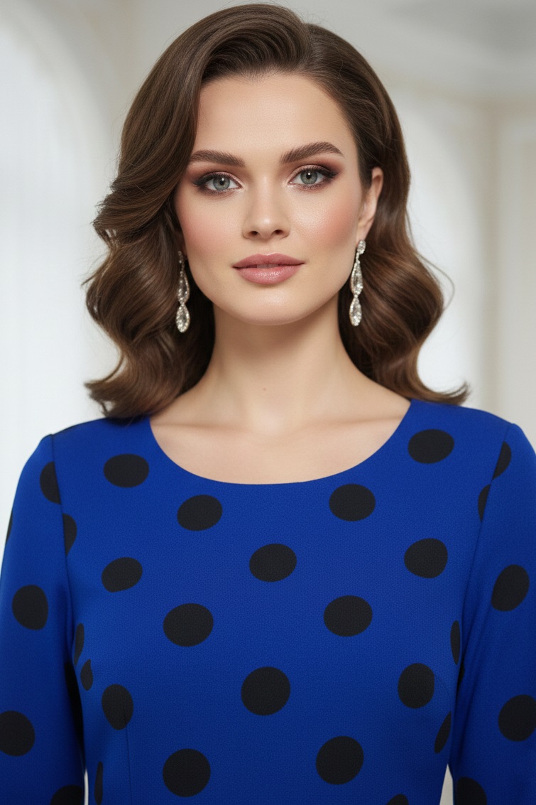 Rochie de zi Abril din jerse albastru cu buline negre - detaliu