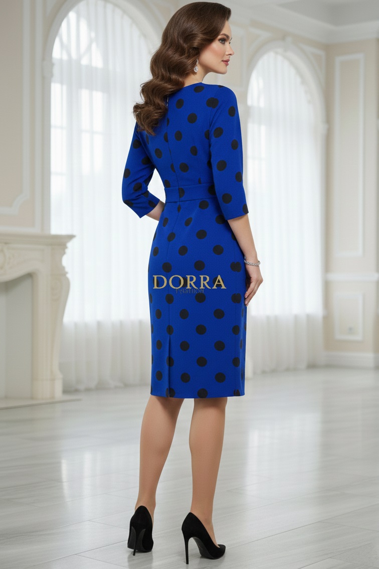 Rochie de zi Abril din jerse albastru cu buline negre