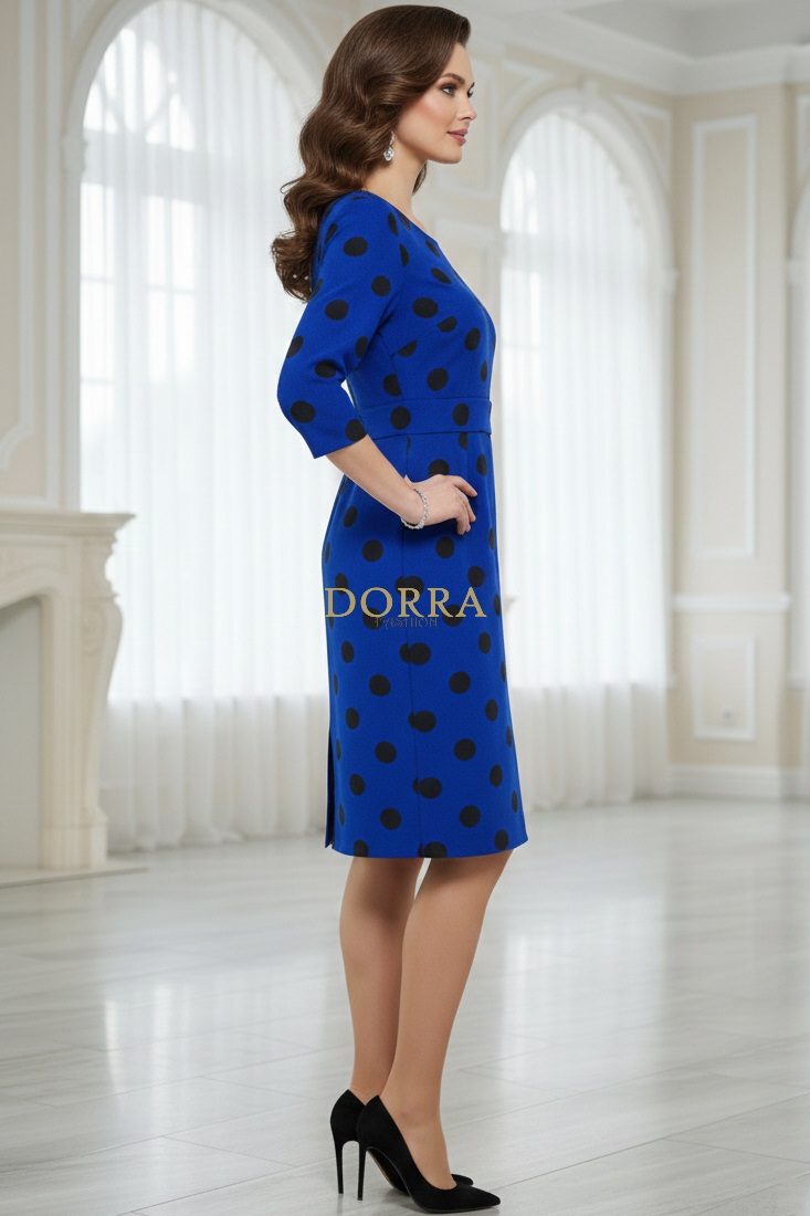 Rochie de zi Abril din jerse albastru cu buline negre