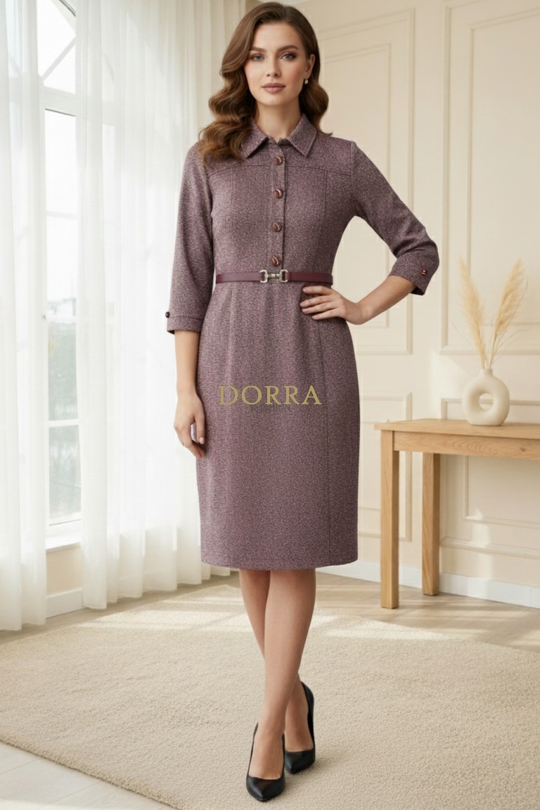 Rochie office Alina din stofă bordeaux pestriț cu curea - poză frontală