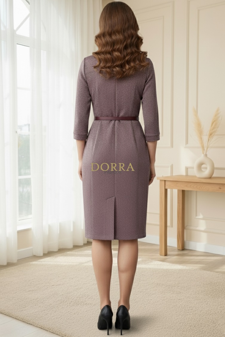 Rochie office Alina din stofă bordeaux pestriț cu curea - detaliu