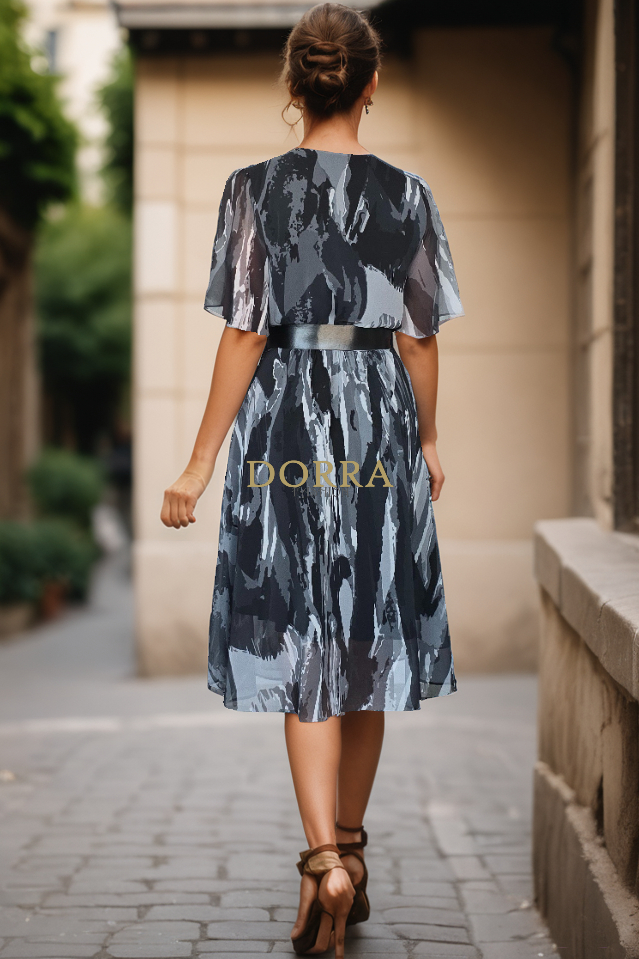 Rochie midi Alondra din voal gri cu negru - poză frontală