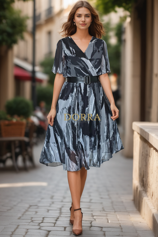Rochie midi Alondra din voal gri cu negru - spate