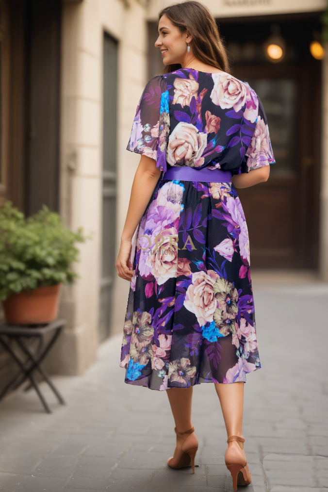 Rochie midi Alondra din voal mov imprimat - spate