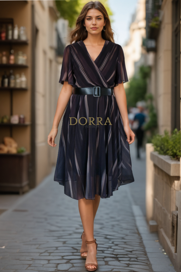 Rochie midi Alondra din voal negru cu bej - poză frontală