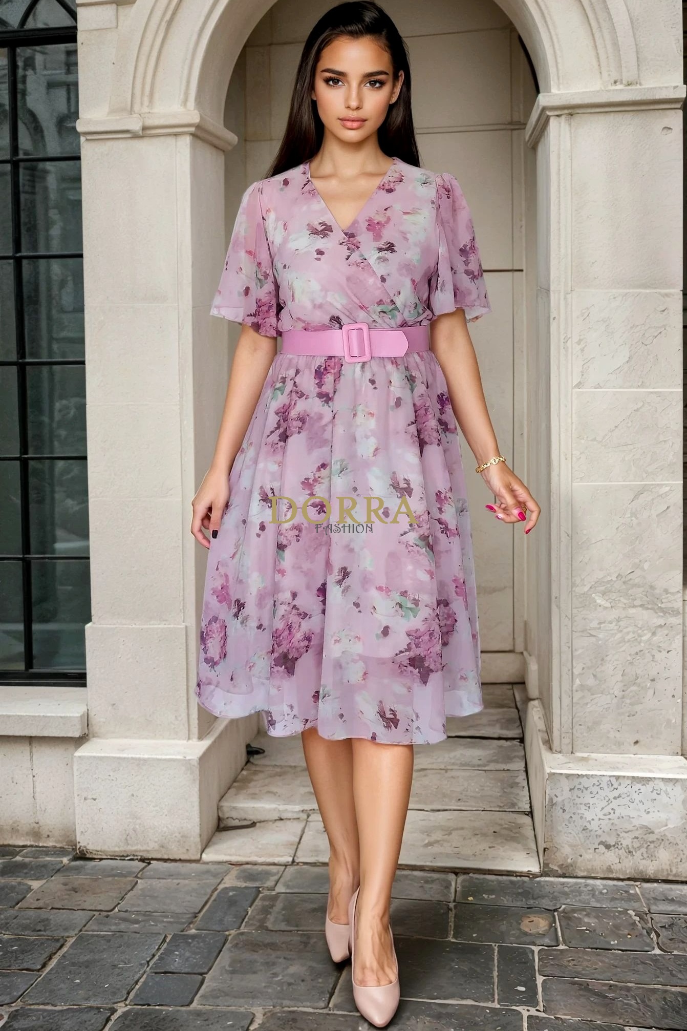 Rochie midi Alondra din voal roz imprimat - poză frontală