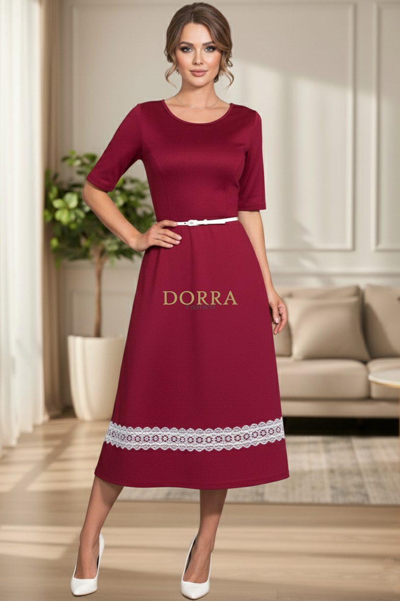 Rochie Amalya din jerse de bumbac grena cu dantelă și curea - spate