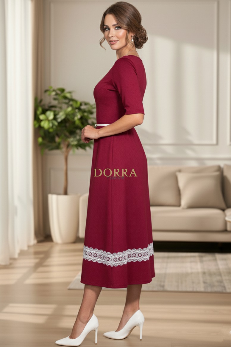 Rochie Amalya din jerse de bumbac grena cu dantelă și curea - detaliu