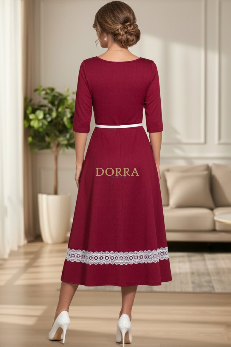 Rochie Amalya din jerse de bumbac grena cu dantelă și curea - imagine 5