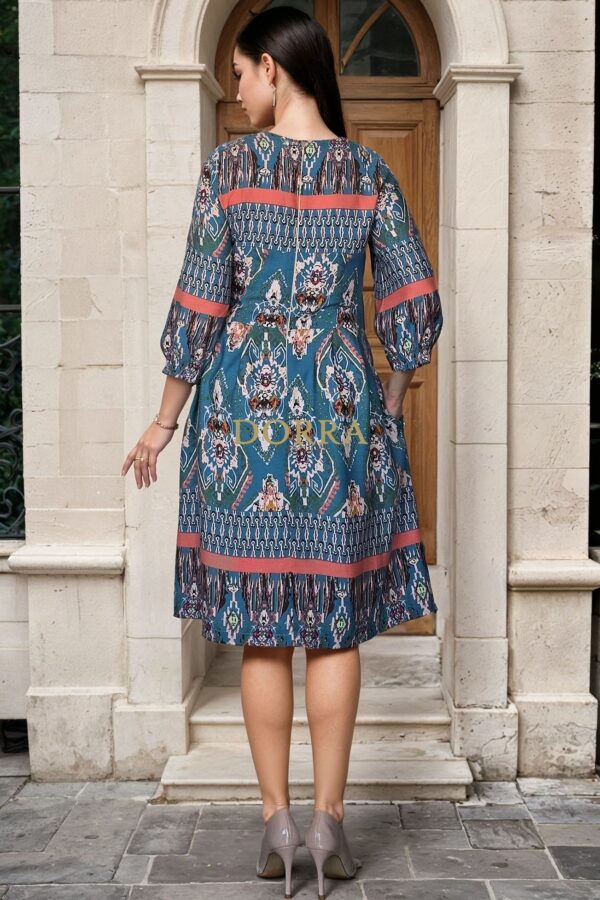 Rochie Amelia din vâscoză imprimată pe fond turquoise - spate