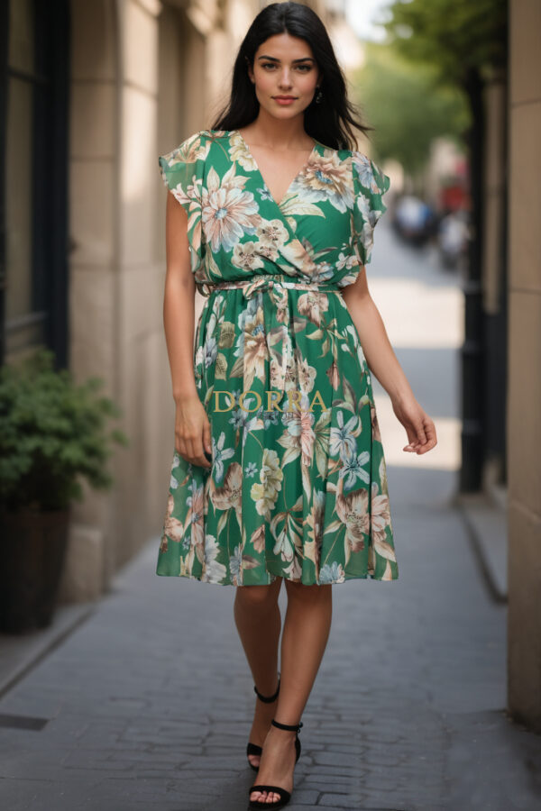 Rochie Anabelle din voal verde cu imprimeu floral și pieptii petrecuți - poză frontală