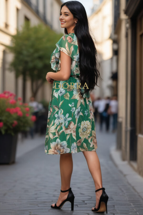 Rochie Anabelle din voal verde cu imprimeu floral și pieptii petrecuți - detaliu