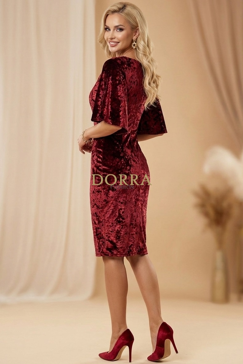 Rochie de ocazie Angela din catifea grena cu mâneci tip capă - imagine 6