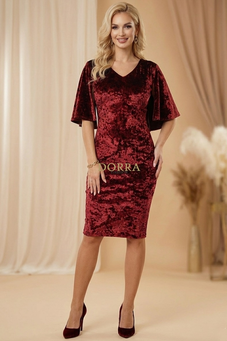 Rochie de ocazie Angela din catifea grena cu mâneci tip capă