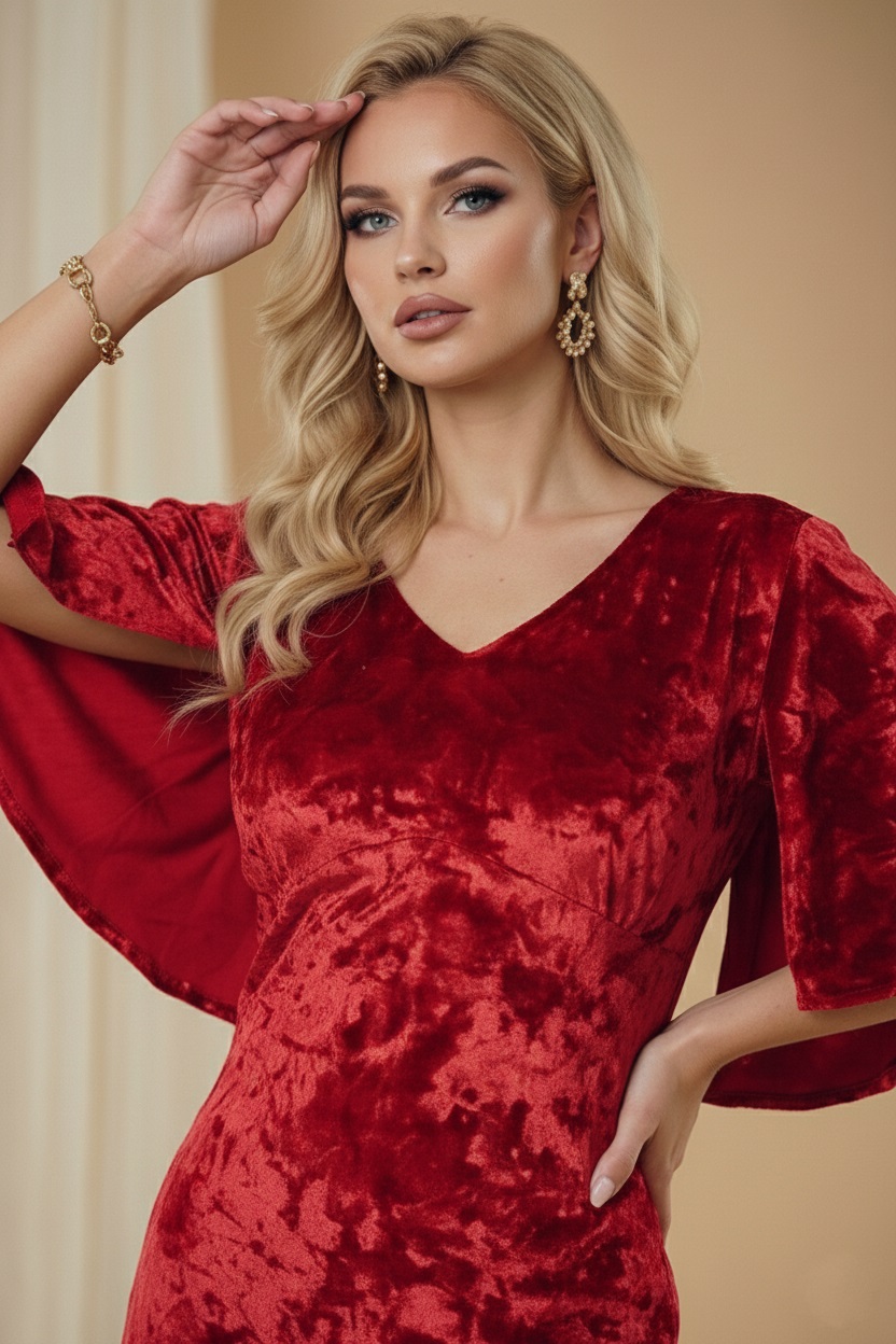 Rochie de ocazie Angela din catifea roșie cu mâneci tip capă - spate