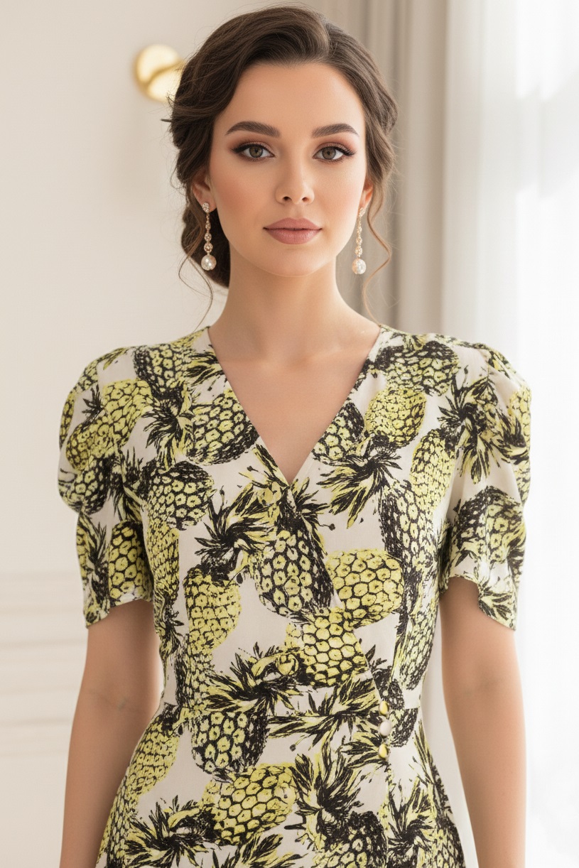 Rochie midi Ania din vâscoză galbenă cu imprimeu ananas, petrecută - imagine 2