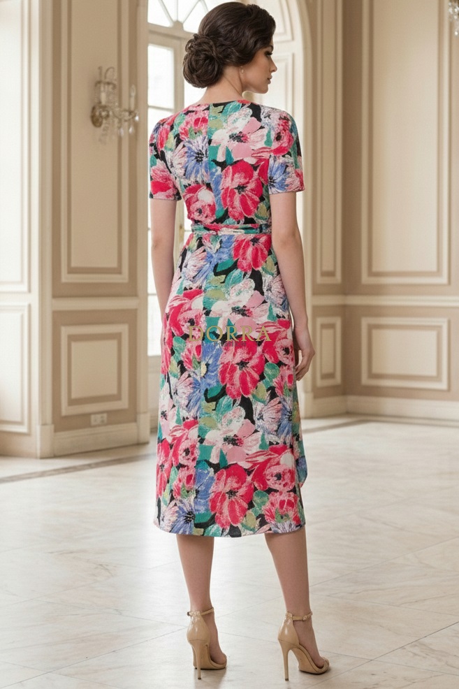 Rochie midi Ania din vâscoză cu imprimeu floral, petrecută - spate