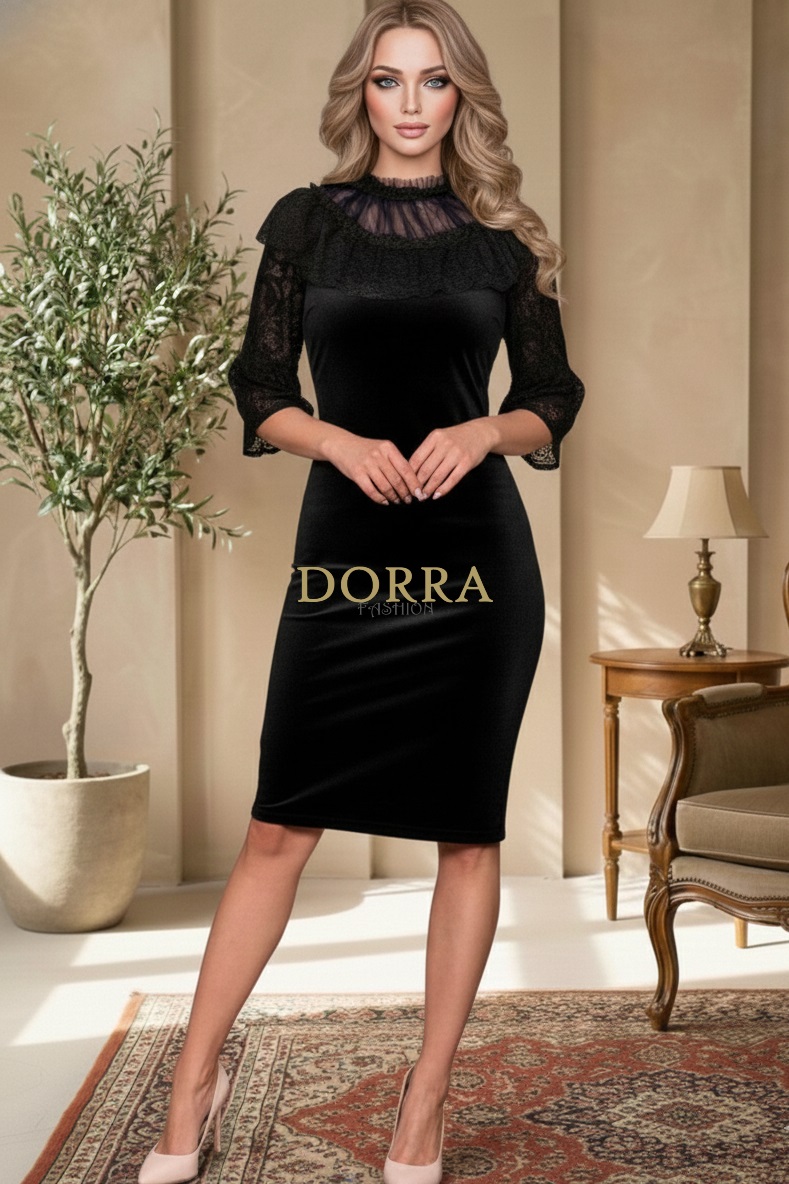 Rochie de ocazie Belize din catifea neagră cu mâneci din dantelă - spate