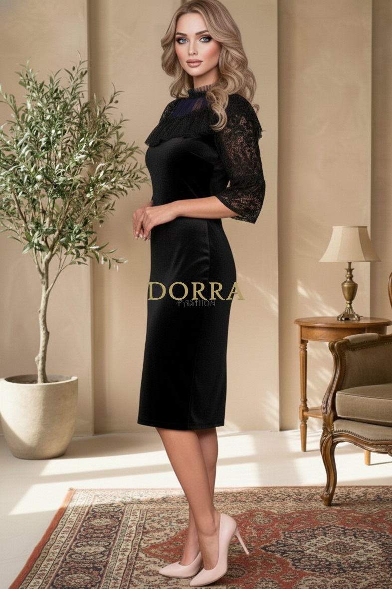 Rochie de ocazie Belize din catifea neagră cu mâneci din dantelă - imagine 4