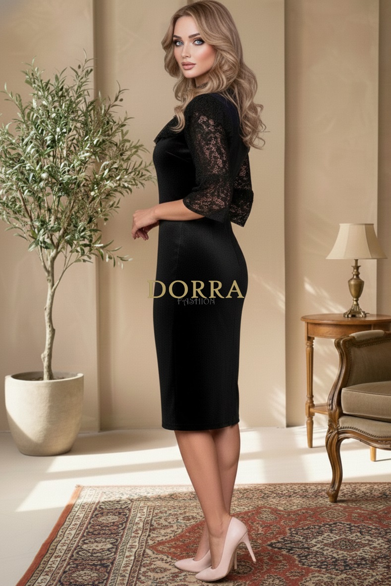 Rochie de ocazie Belize din catifea neagră cu mâneci din dantelă - imagine 5