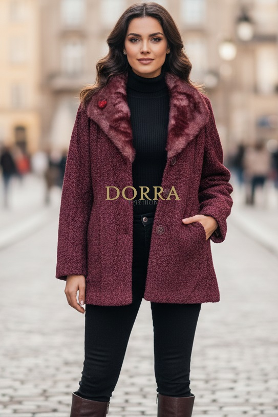 Jachetă măsuri mari Agota din stofă bouclé grena cu guler de blană - poză frontală