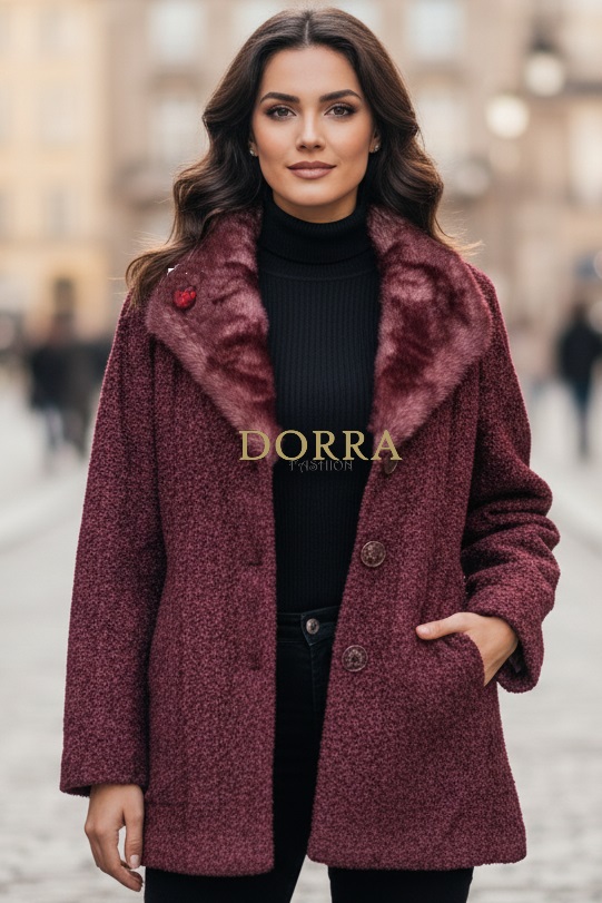Jachetă măsuri mari Agota din stofă bouclé grena cu guler de blană - spate