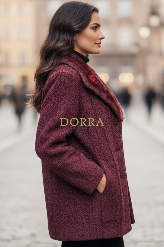 Jachetă măsuri mari Agota din stofă bouclé grena cu guler de blană - imagine 3