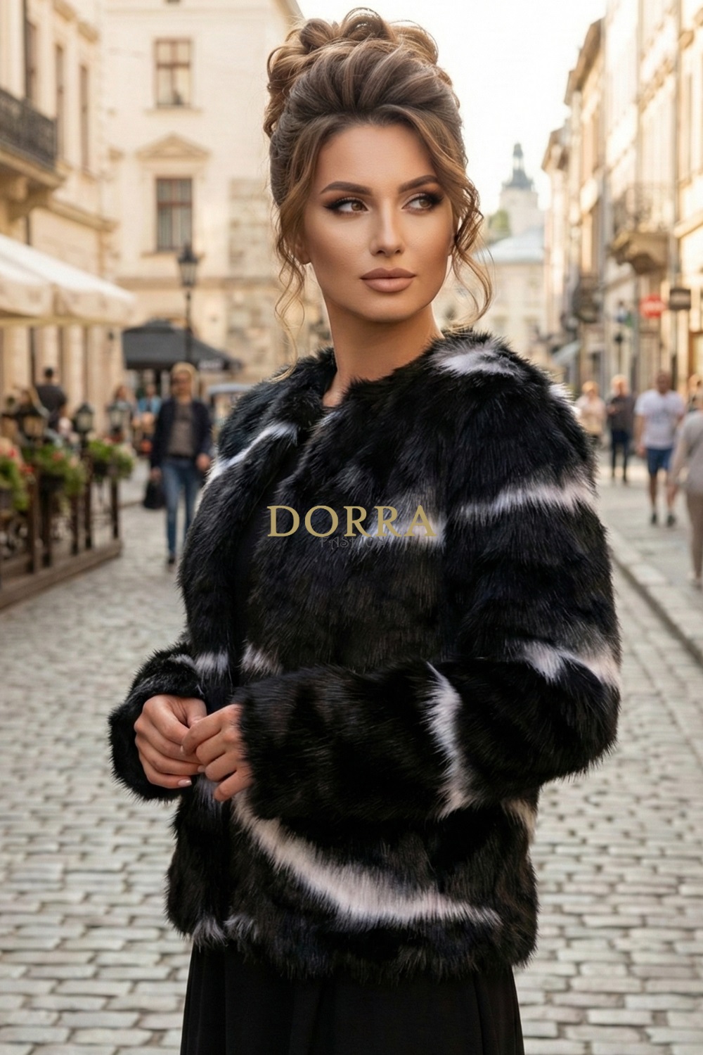 Jachetă Ginger din blană ecologică negru cu alb, căptușită - poză frontală