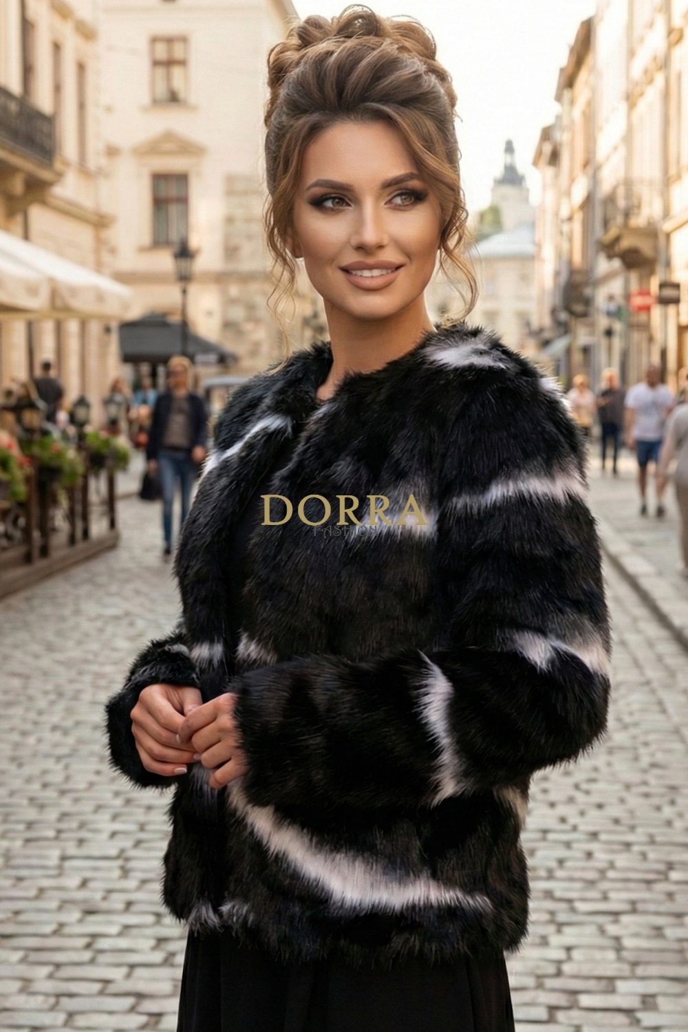 Jachetă Ginger din blană ecologică negru cu alb, căptușită - detaliu