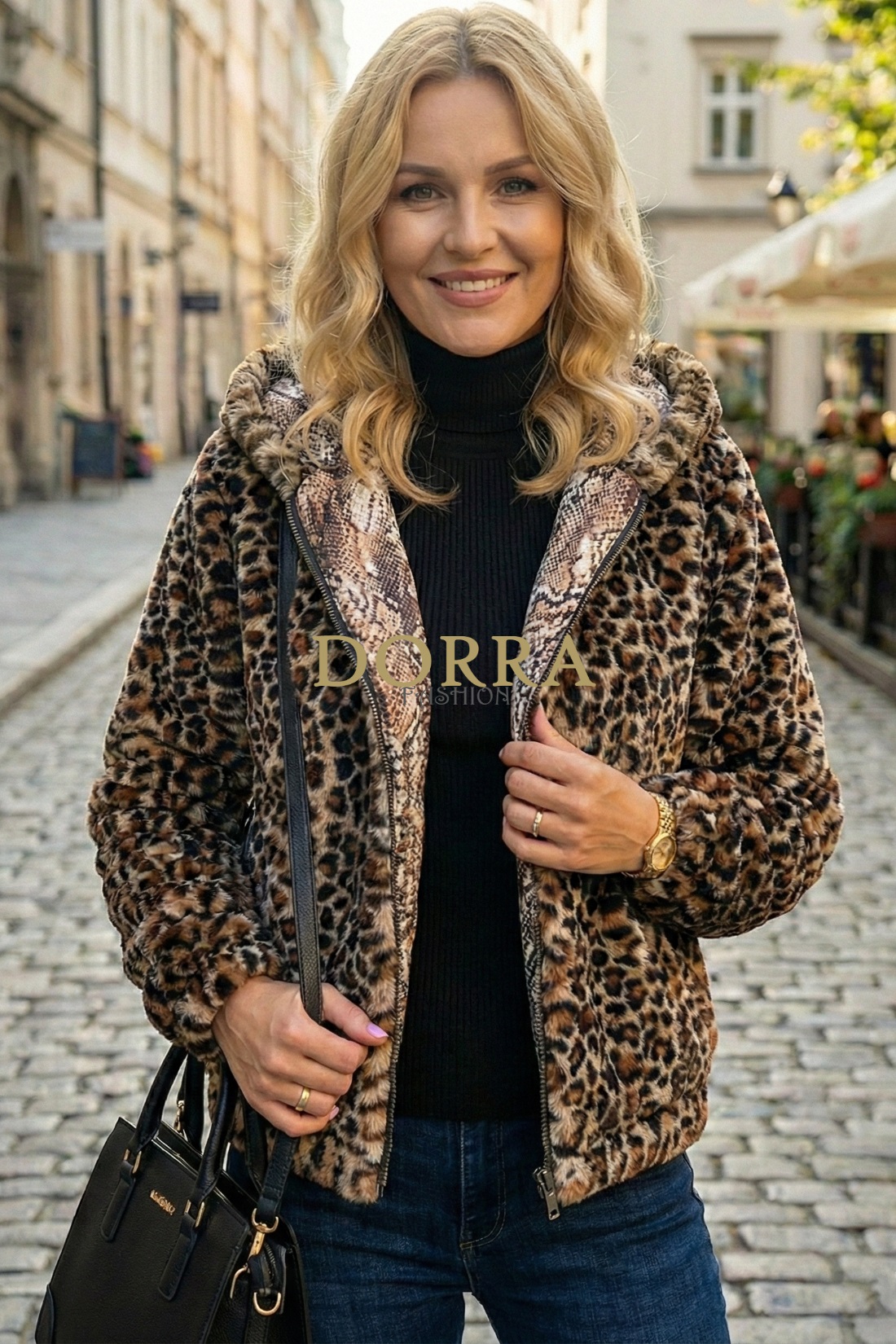 Jachetă Oleander din blană ecologică cu imprimeu leopard și glugă - spate