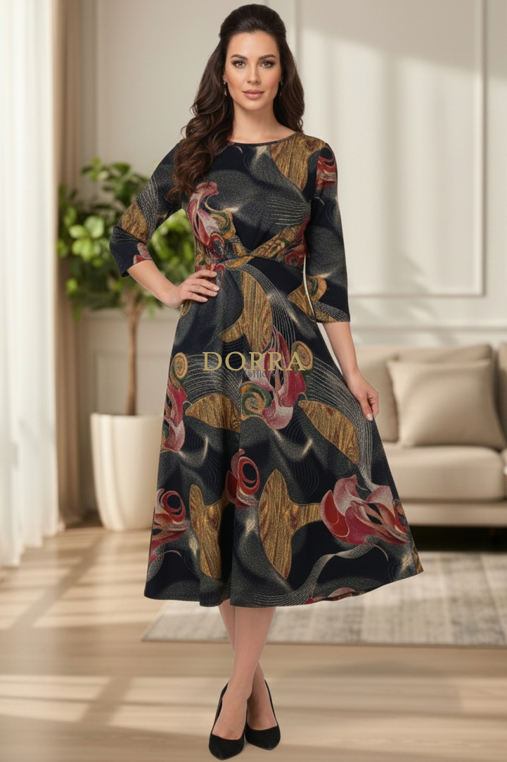 Rochie midi Bonnie din jerse gri cu imprimeu roșu - poză frontală
