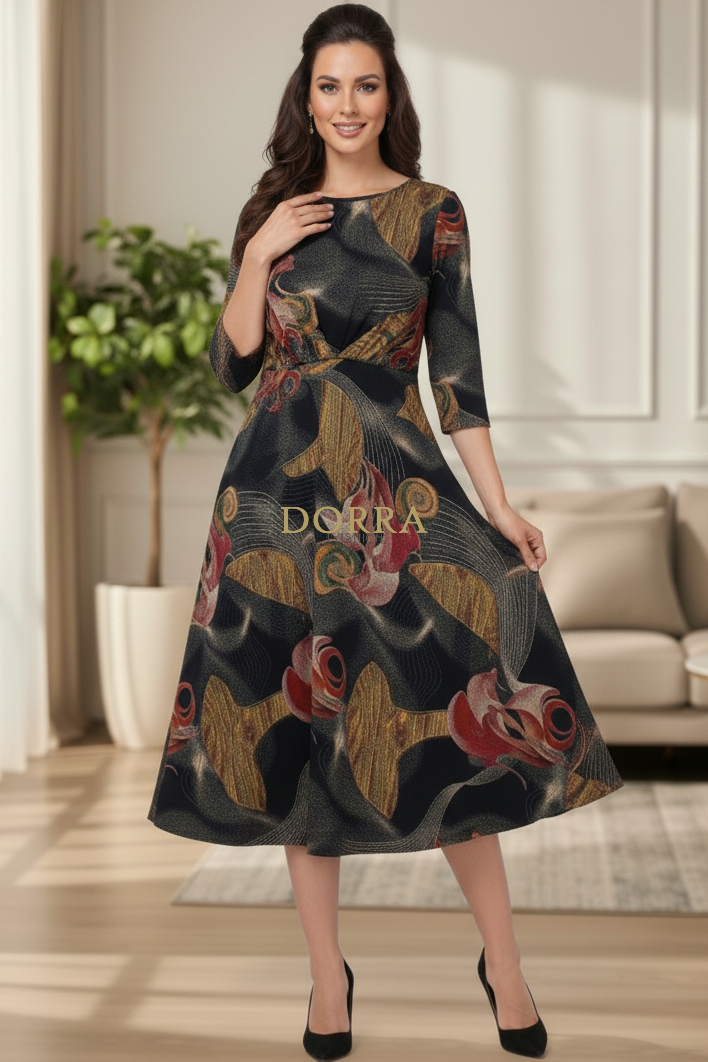 Rochie midi Bonnie din jerse gri cu imprimeu roșu - detaliu