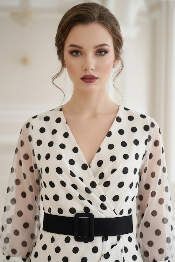 Rochie Briana din barbie ivoire cu buline negre și mâneci din voal