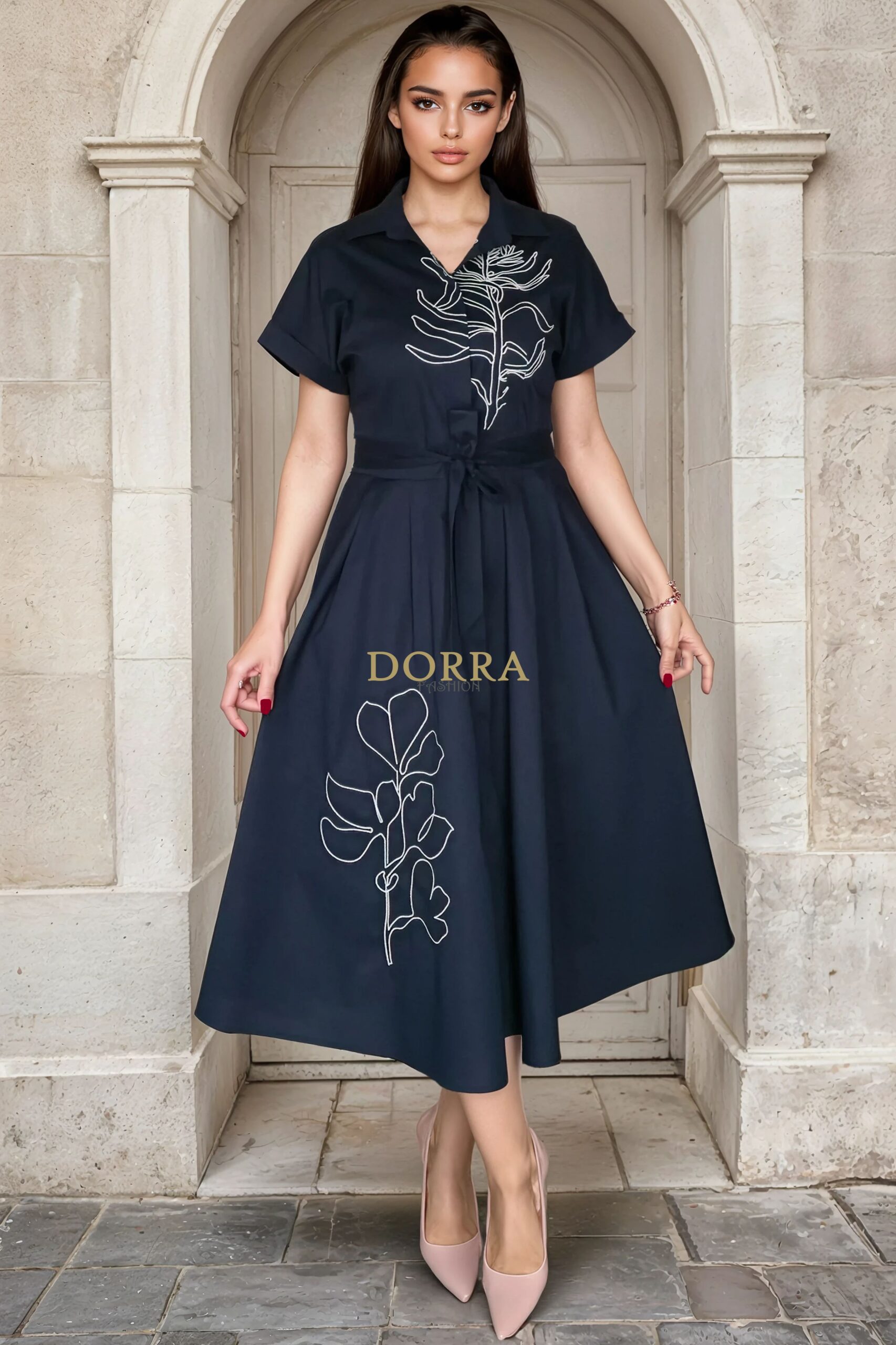 Rochie midi Sophia din bumbac bleumarin cu broderie aplicată - poză frontală