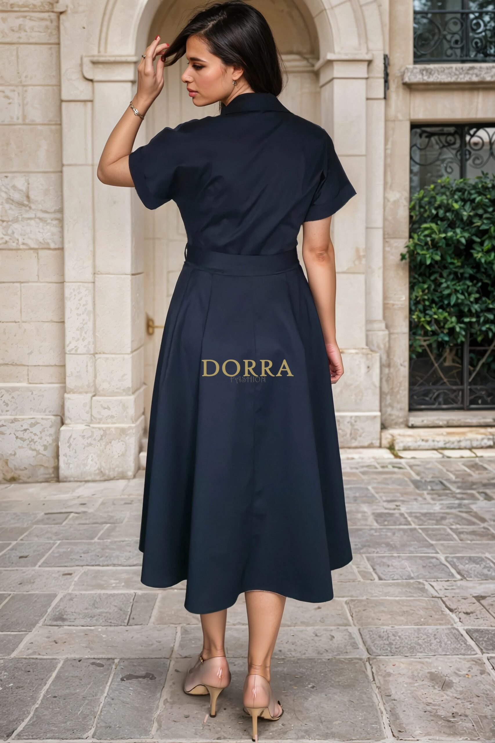 Rochie midi Sophia din bumbac bleumarin cu broderie aplicată - spate