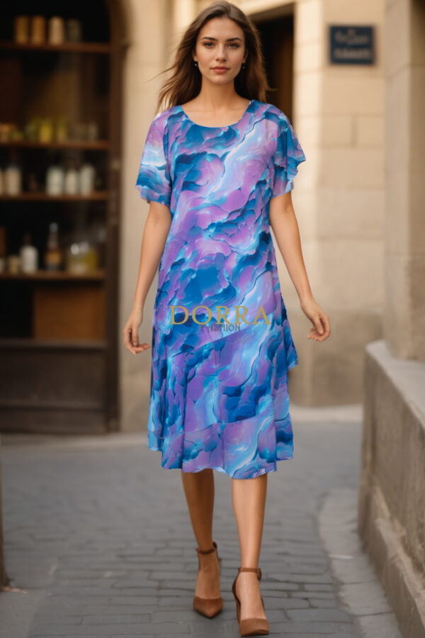 Rochie midi de ocazie Caterina din voal imprimat cu volan asimetric - poză frontală