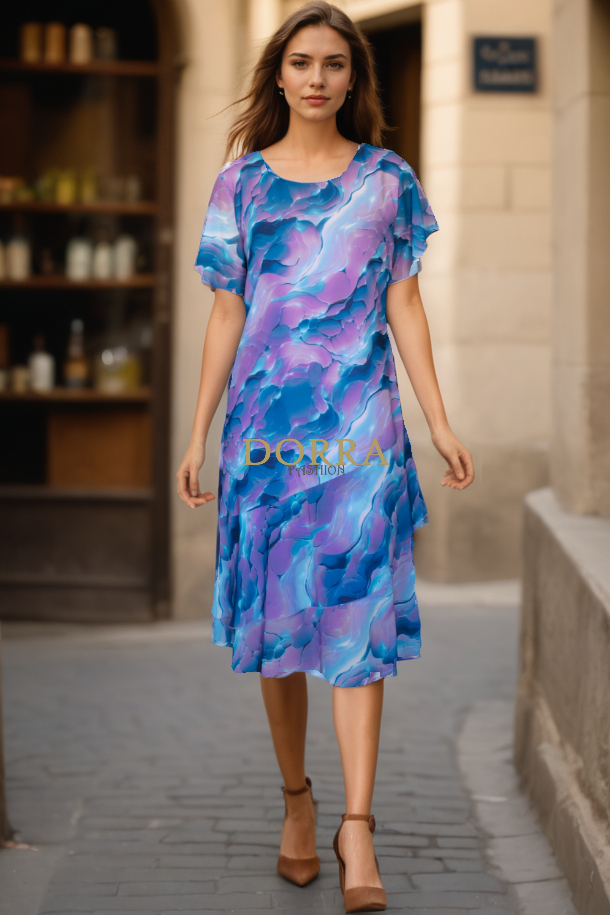 Rochie midi de ocazie Caterina din voal imprimat cu volan asimetric - poză frontală