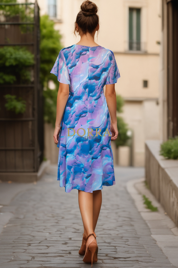 Rochie midi de ocazie Caterina din voal imprimat cu volan asimetric - spate