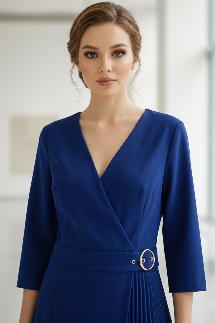 Rochie Cosmina din stofă albastră, petrecută, cu fustă plisată