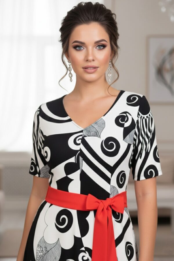 Rochie asimetrică Crina cu imprimeu abstract alb-negru și cordon roșu - imagine 2