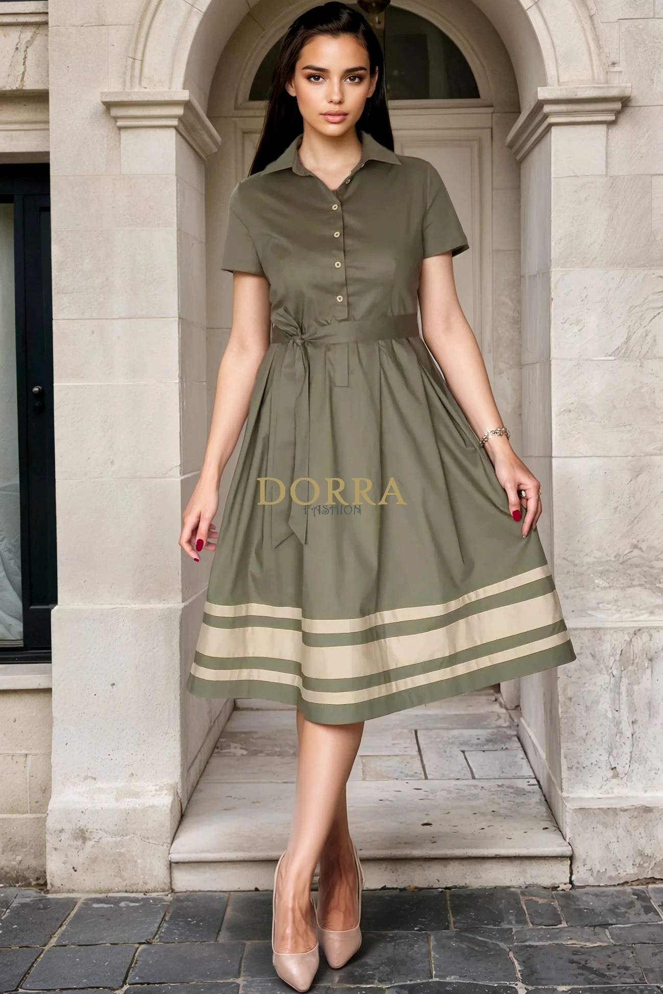 Rochie midi Dakota din bumbac kaki cu dungi bej - poză frontală