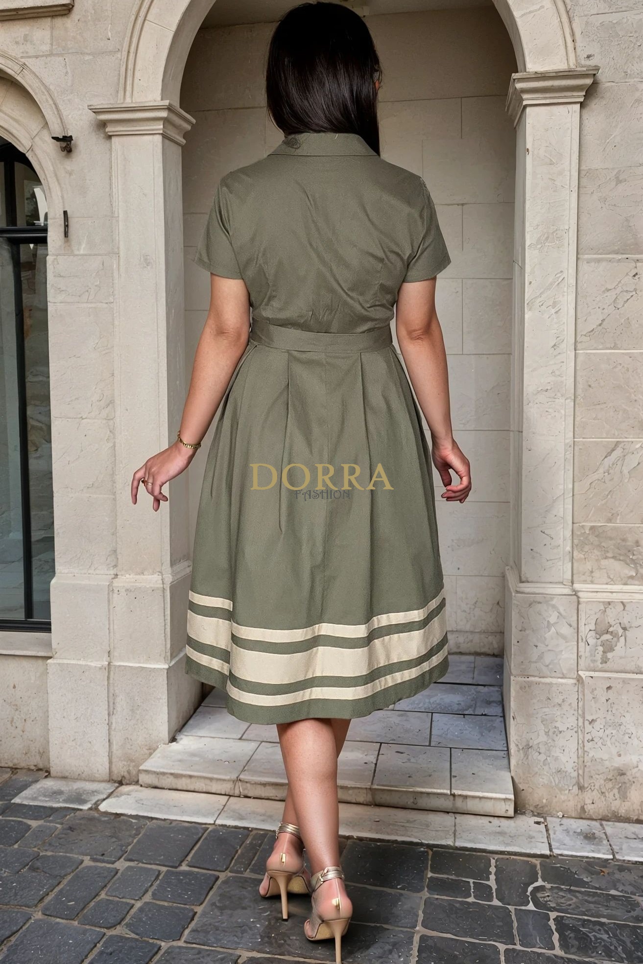 Rochie midi Dakota din bumbac kaki cu dungi bej - spate