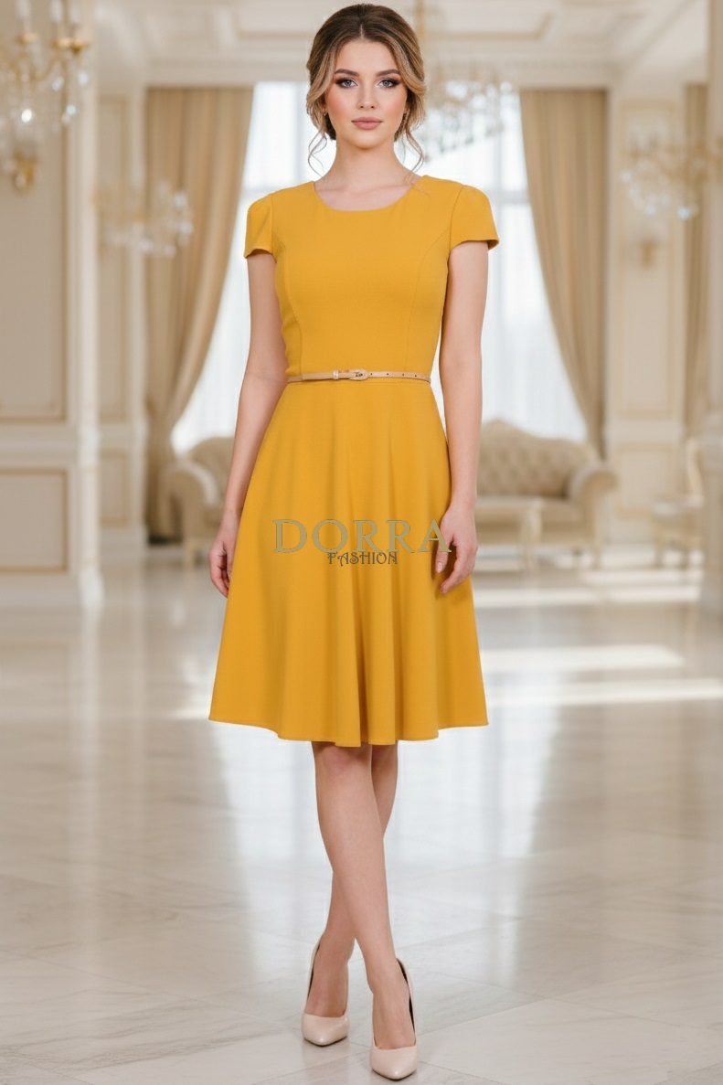 Rochie de zi Dallia din jerse galben muștar - poză frontală