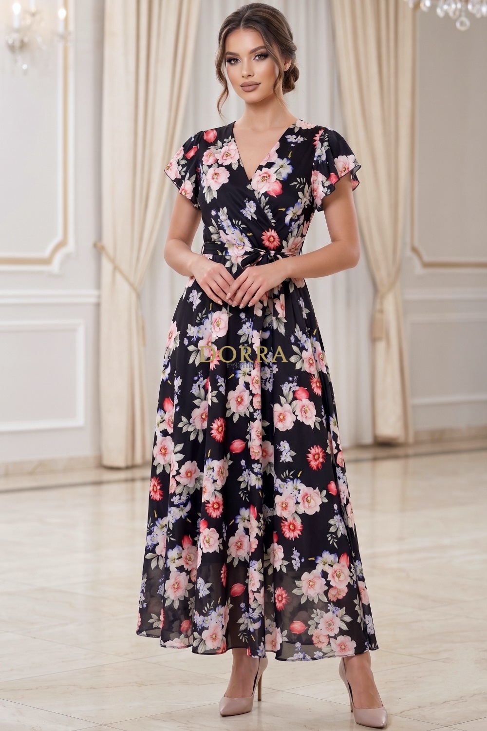 Rochie lungă Daphne din voal negru cu imprimeu floral, petrecută - poză frontală