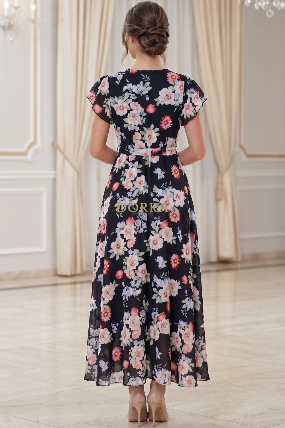 Rochie lungă Daphne din voal negru cu imprimeu floral, petrecută - spate