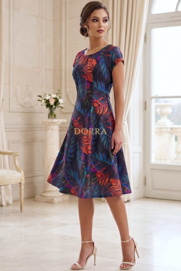 Rochie măsuri mari Diana din satin cu imprimeu tropical - poză frontală